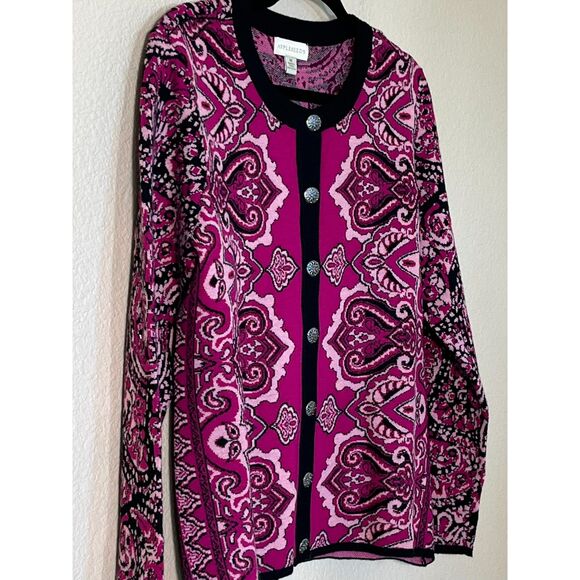 Appleseed's Maroon Black Paisley Cardigan Sweater Wool Blend Medium Button Down - Picture 2 of 9